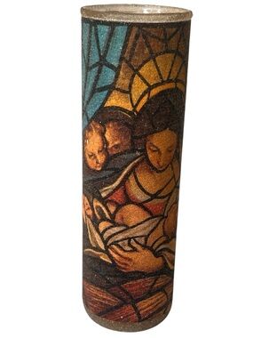 Vintage 70's Tall Sugar Frosted Glass Pillar Candle Mother & Child Virgin Mary